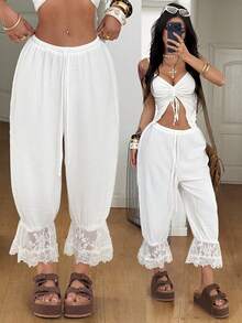 Coolane Women's Plus Size Fall Winter Vacation Casual Streetwear Boho Outfit Oversize Drawstring Waist White Pants Lace Bloomers - White - View 3