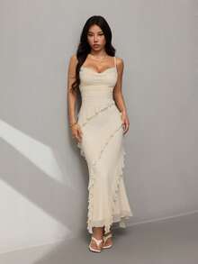 SHEIN PETITE Đầm nữ thanh lịch, gợi cảm, lãng mạn với bèo nhún ở eo, cổ khoét sâu và lưng hở, thích hợp cho hẹn hò, lễ tốt nghiệp, dạ hội, mùa xuân/hè. - Trắng ngà - Xem 1