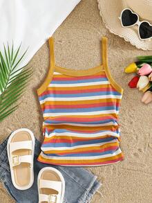 Áo hai dây kẻ sọc cỡ lớn dành cho bé gái, kiểu dáng thường ngày đa năng, phù hợp cho các hoạt động hàng ngày, du lịch, đi học và các dịp khác. - Nhiều màu - Xem 2