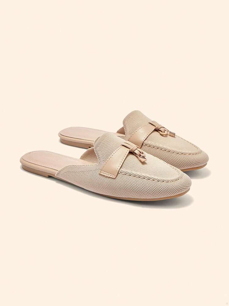 CUCCOO BASICS Women Shoes Fashion Apricot Flat Bottom Round Toe Knitted Mule Women's Shoes Commuting Versatile Elegant Party Vacation Women Flat Shoes