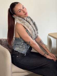 Abrilcols Y2K 女式可拆卸仿毛领牛仔夹克 - 藍色 - 查看 4