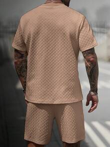 Manfinity CasualCool Men's V-Neck Ribbed T-Shirt + Drawstring Shorts Set - Khaki - View 2