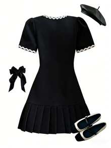 Girls' Back-To-School Elegant School Pleated Dress,Black And White Scalloped Trim Wave Ribbon Outfit,Spring/Summer Minimalist Solid Color For Autumn - Black - View 2