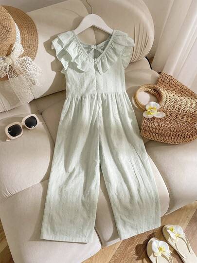 少女纯色荷叶边休闲连体裤，适合日常穿着