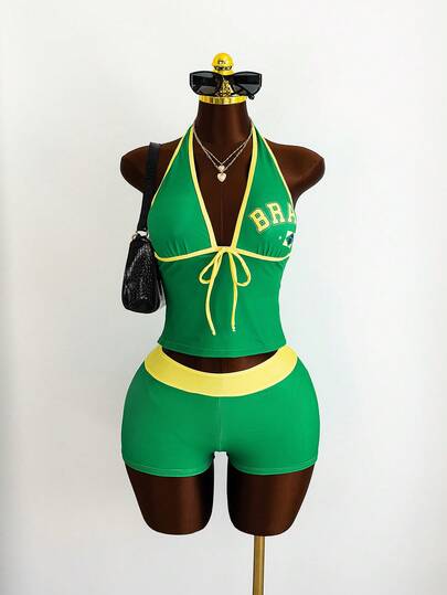 Zestiva Bộ bikini hai mảnh dành cho nữ trưởng thành, gợi cảm, thích hợp cho kỳ nghỉ hè, nghỉ lễ mùa xuân, các lễ hội mùa thu, các chương trình khuyến mãi mùa xuân. Áo tắm cổ yếm chủ đề Brazil yêu nước.