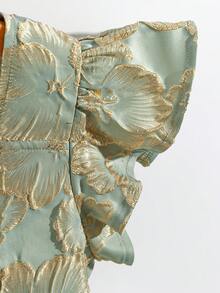 Franclia Áo sơ mi nữ thanh lịch, chất liệu jacquard, viền bèo nhún, cài cúc phía trước, thích hợp cho mùa hè. - xanh quân đội - Xem 4