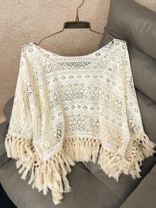 Zestiva Áo khoác ngoài kiểu Bohemian màu mơ, chất liệu vải có họa tiết, điểm nhấn là tua rua và ren, thích hợp cho kỳ nghỉ ngắn ngày, với kiểu dáng rộng rãi, thoáng mát. - Màu be - Xem 7