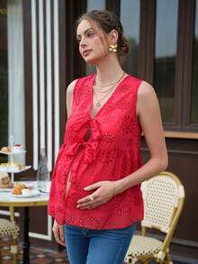 Momance Maternity Dress Sleeveless Deep V-Neck Front Tie Bow Design Open Front A-Line Hollow Embroidered Fabric Maternity Top Blouse For Women Casual Tops For Ladies Casual Blouses For Women Womens Cotton Tops Classy Tops For Women - Red - View 4