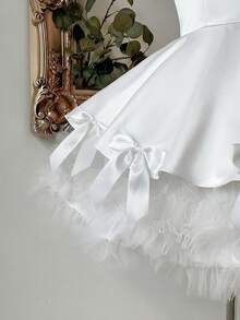 Lovelzi Elegant Luxurious Satin Patchwork Mesh, Handmade Bow Decor, Strapless Bubble Hem A-Line Short Dress, Party Gown - White - View 5