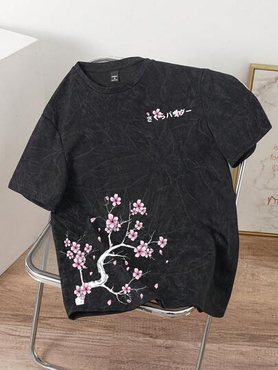 Manfinity Joysei 62% Cotton Washed Short Sleeve T-Shirt For Men, Cherry Blossom Pattern, Subculture Tee, Suitable For Summer Outings
