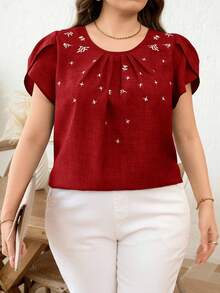 SHEIN Clasi Plus Size Casual Embroidered Petal Sleeve Shirt - Red - View 4