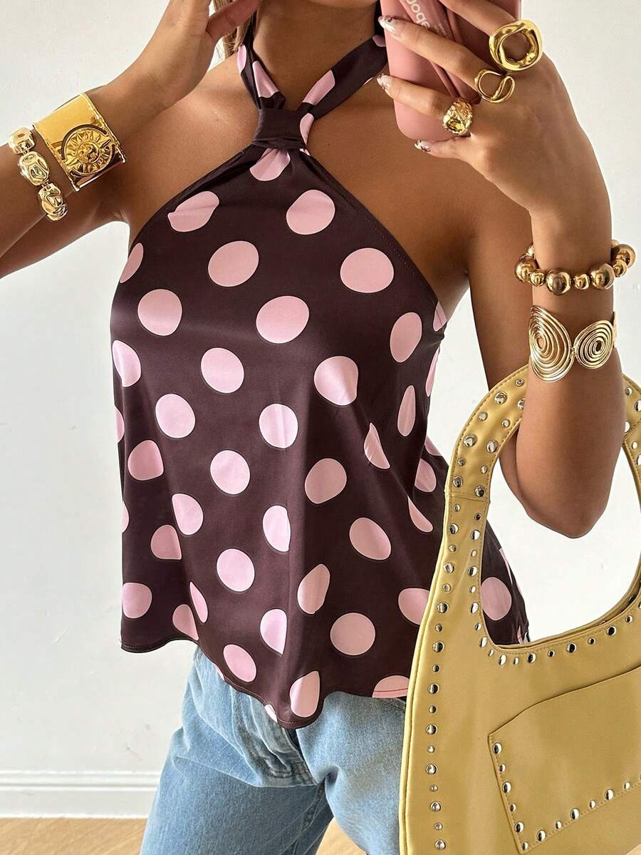 SHEIN EZwear 女士几何印花露背系带休闲百搭日常上衣 - 咖啡棕 - 查看 1