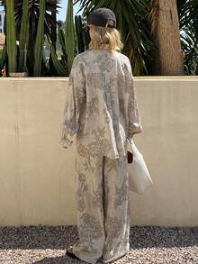 DAZY Spring & Summer New Casual Sun Protection Shirt And Wide Leg Pants Loose Suit, 2pcs Set For Women Lounge Sets For Women - Grey - View 6