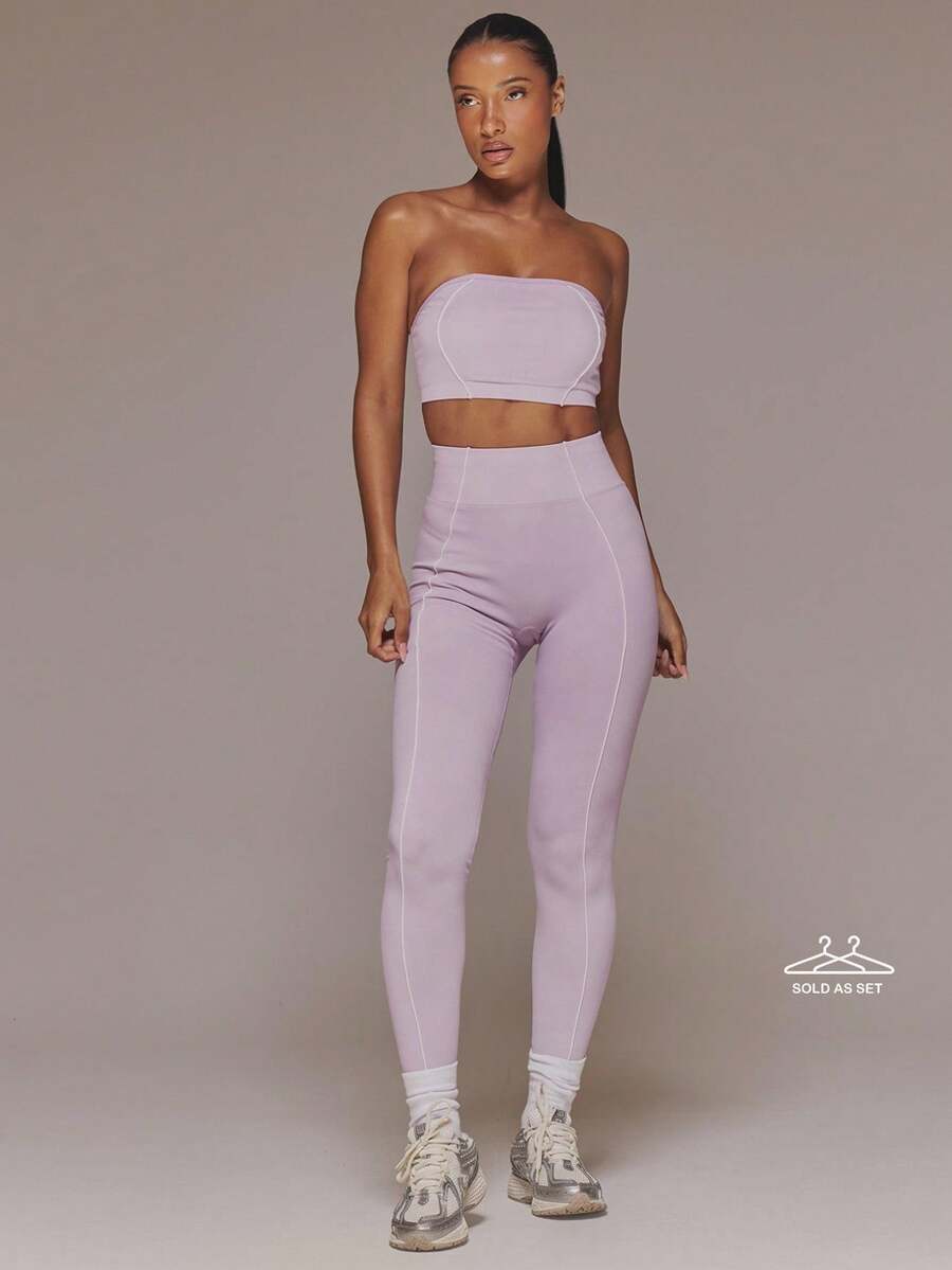 Musera Sport Contrast Seam Bandeau Sports Bra And High Waist Scrunched Bum Leggings Active Set Sport Workout Gym Pilates Fitness Daily Girly Casual Hot Sweat - Mauve Purple - View 1