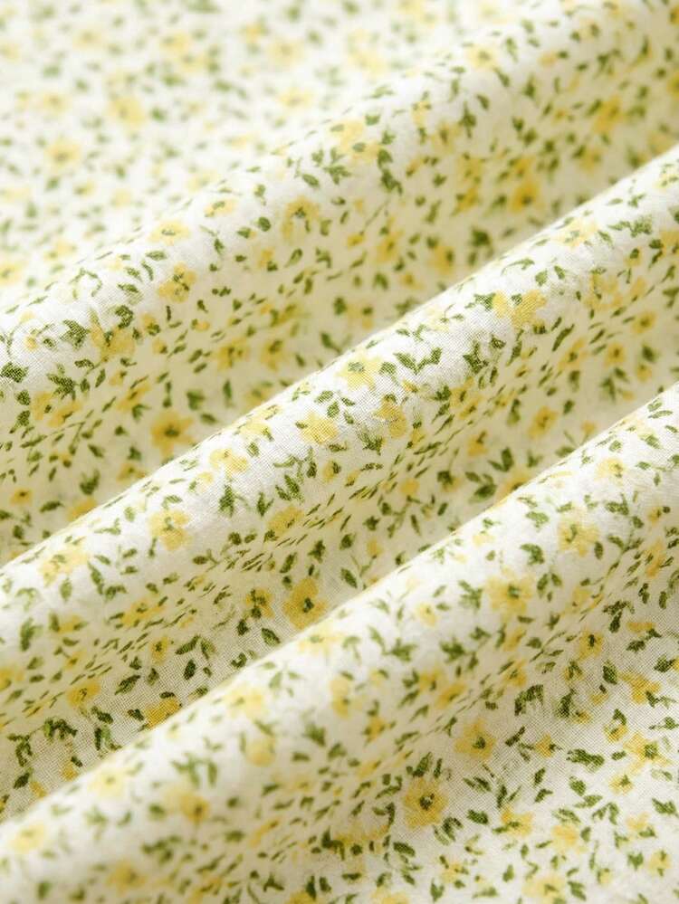 Two-Tone Yellow And Green Floral Print Sleeveless Midi Dress With Tie Back For Spring Summer French Style Parisian Style Vintage Flower Dress Vacation Dress Summer Holiday Dress Graduation Dress Floral Print Dress Elegant Dress Women's Floral Dress Summer Dress