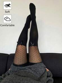 SHEIN PETITE CURVE 大尺碼黑色透視網紗對比蝴蝶結裝飾緊身褲，高腰收腹女款，可愛日常夏季度假風 - 黑色 - 查看 11