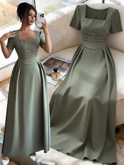 Elenzga 优雅橄榄绿方领高腰收腰短袖A字中长连衣裙，适合日常穿着、婚礼、晚宴、通勤、毕业派对、节日、假期、约会、聚会、万圣节、圣诞节、新年、感恩节、婚礼等场合。