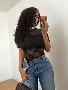 BamGleam Bộ đồ liền thân ren gợi cảm dành cho nữ - màu đen - Xem 6