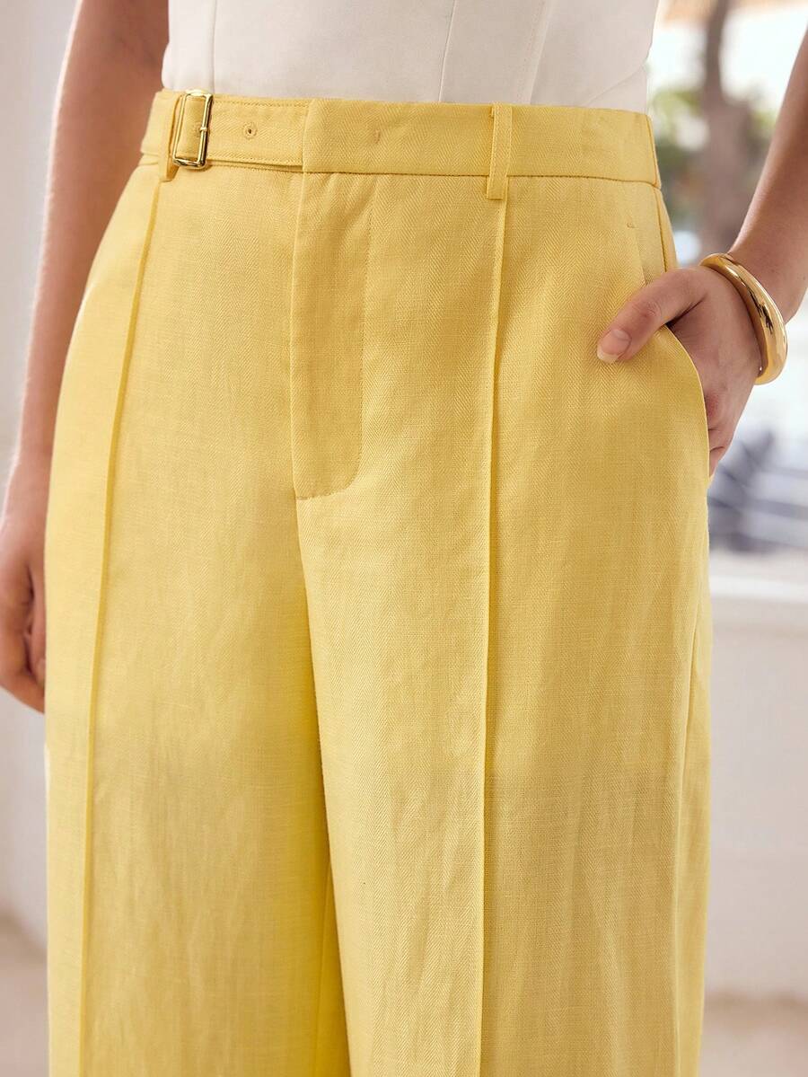 MOTF PREMIUM WOMEN'S YELLOW 100% LINEN SUIT PANTS, SPRING/SUMMER - Yellow - View 2