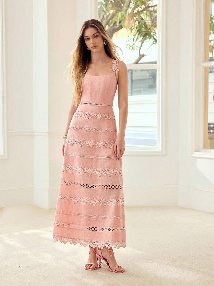 WOMEN'S 100% LINEN FLORAL CONTRAST LACE DRESS, SUITABLE FOR DATES AND VACATIONS