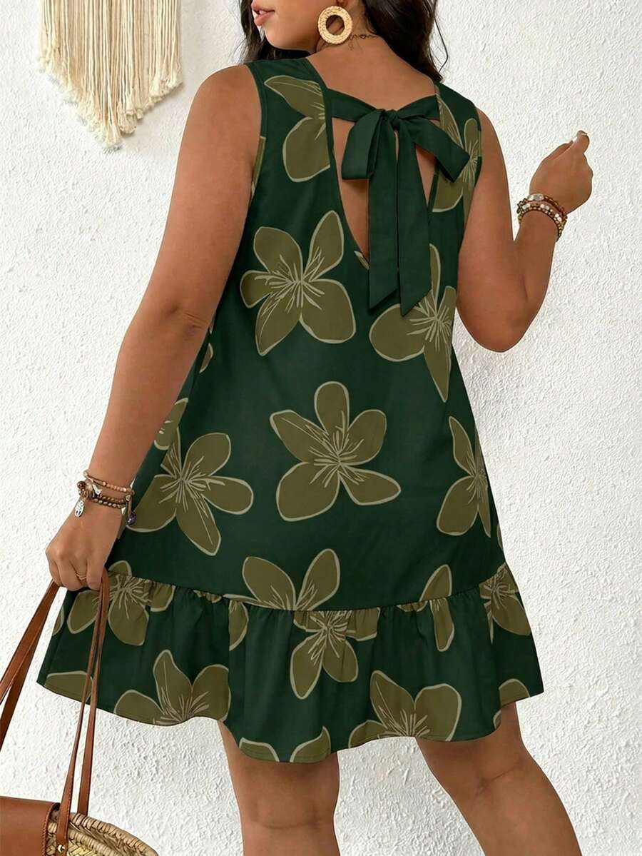 SHEIN Frenchy 大码女式夏季休闲度假印花露背系带宽松连衣裙 - 綠色 - 查看 1