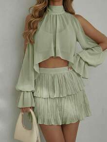 SHEIN Glamour French Elegant Chiffon Cover Up Layered Ruffle Skirt 2 Pieces Set, Loose Drop Shoulder Midriff Cutout Design To Flatter Shoulders Legs, Suitable For Casual, Daily, Commute, Hanging Out With Friends Party Sage Green Summmer - Green - View 5