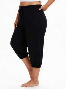 EMERY ROSE Plus Size Drawstring Pocket Casual Black Pants, Versatile For Summer Daily Wear - Black - View 3