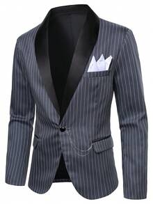 Manfinity Mode Men's British Style Gentleman Party Suit, Casual Striped Suit Set - Dark Grey - View 4