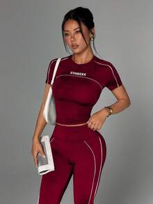 Velisys Velisys 2套女款4件套黑白配色夏季運動休閒運動服，圓領短袖T恤＋喇叭褲健身套裝 - 彩色 - 查看 4