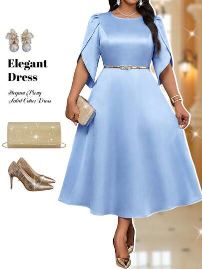 Fleurora Plus Size Solid Color Minimalist Daily Wear Round Neck Short Sleeve Dress Plus Size Dress Wedding Guest Outfits For Women Curve Zanea Dress For Woman Zanzea Dress For Women Plus Size