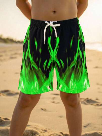 SHEIN Leap Crew Tween Boy Street Style Flame Pattern Swim Trunks, Beach, Swimming, Surfing