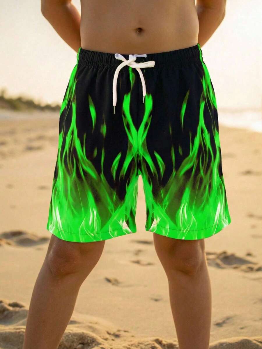 SHEIN Leap Crew Tween Boy Street Style Flame Pattern Swim Trunks, Beach, Swimming, Surfing - Green - View 1