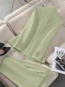 Rafferiza Minimalist French Style Solid Color Asymmetric Buckle Decor Fitted Business Suit For Women - Green - View 2