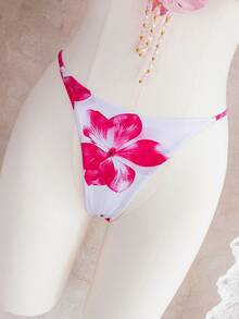 SHEIN Glamour 3件套春假随机印花露背性感优雅比基尼套装，配3D立体花卉配饰和长款网纱沙滩裙，女士泳装 - 彩色 - 查看 4