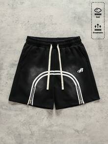 ROMWE MEN 男士撞色条纹印花抽绳腰带街头短裤 - 黑色 - 查看 8