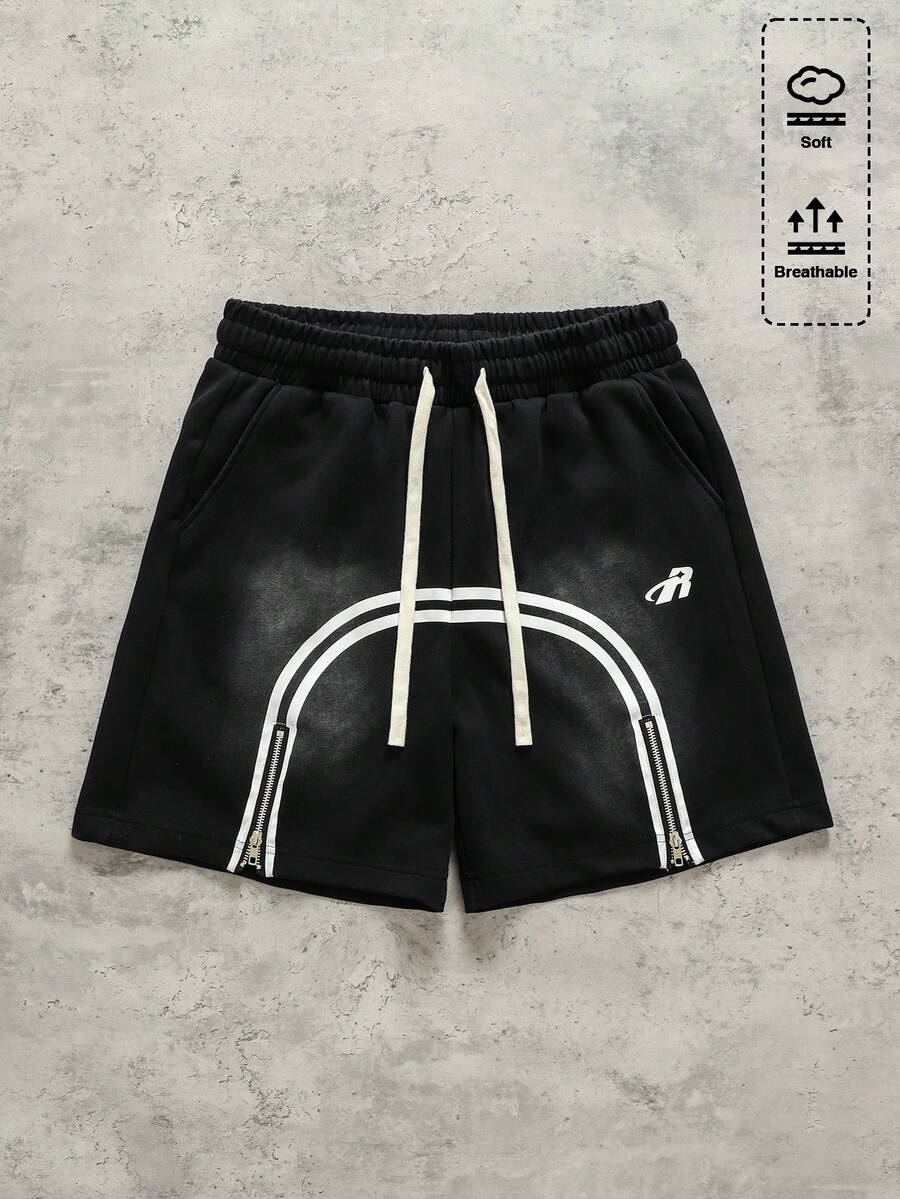 ROMWE MEN Quần short nam dáng suông, phối sọc tương phản, có dây rút. - màu đen - Xem 1