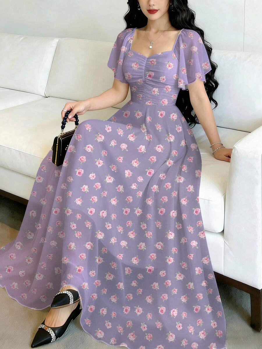 Modelyn 玫瑰碎花褶皱方领短袖连衣裙，收腰优雅长裙，适合夏季度假和日常穿着 - 彩色 - 查看 1