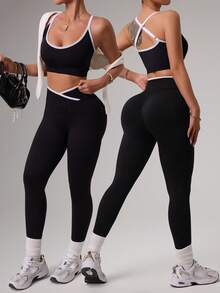 SHEIN Dewbera Set Olahraga Atasan Tank Top Camisole Bergaris dan Legging untuk Wanita Ukuran Plus - Hitam - View 1