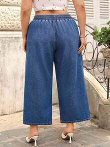 Breezaya Plus Size Women Drawstring Waist Pocket Casual Loose Fit Wide Leg Jeans - Medium Wash - View 2