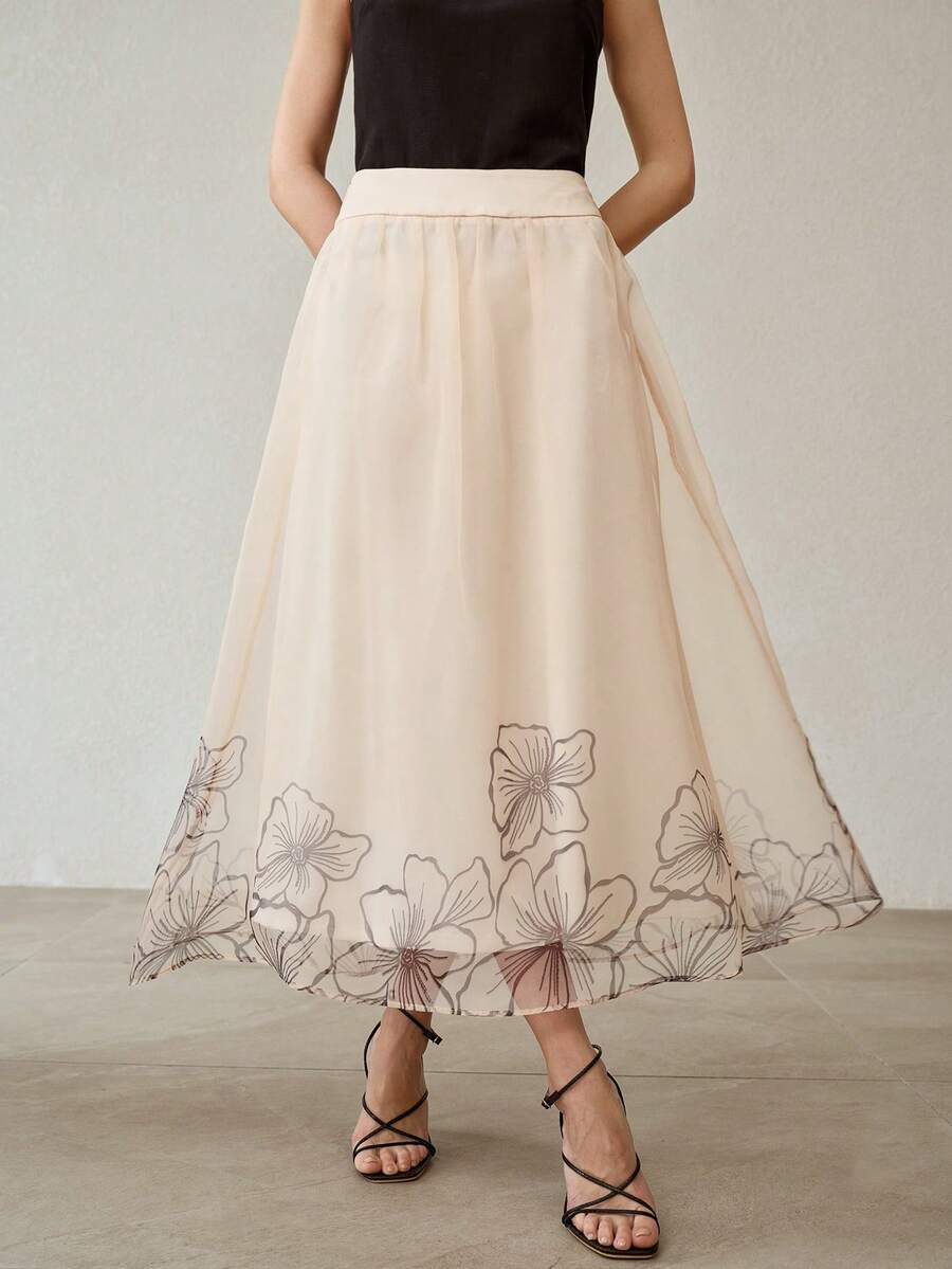 MOTF PREMIUM Váy dài mùa hè kiểu Pháp thanh lịch, cạp cao, che khuyết điểm bụng, họa tiết quả mơ, thiết kế độc đáo. - Màu be - Xem 1