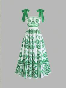 Sunnyshic Summer Lace-Up Vacation Party Floral Retro Delicate Spaghetti Strap Green Luxurious Sweet Cool Fashion Slim Sexy Women Dress - Green - View 3