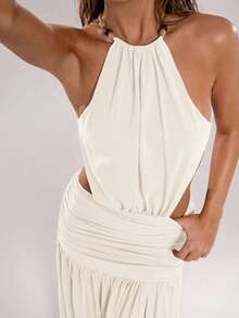 SHEIN BAE 女士休闲度假纯色串珠装饰露背吊带连衣裙，适合海滩度假、旅行、波西米亚风度假，绿色连衣裙，优雅性感连衣裙 - 杏色 - 查看 7