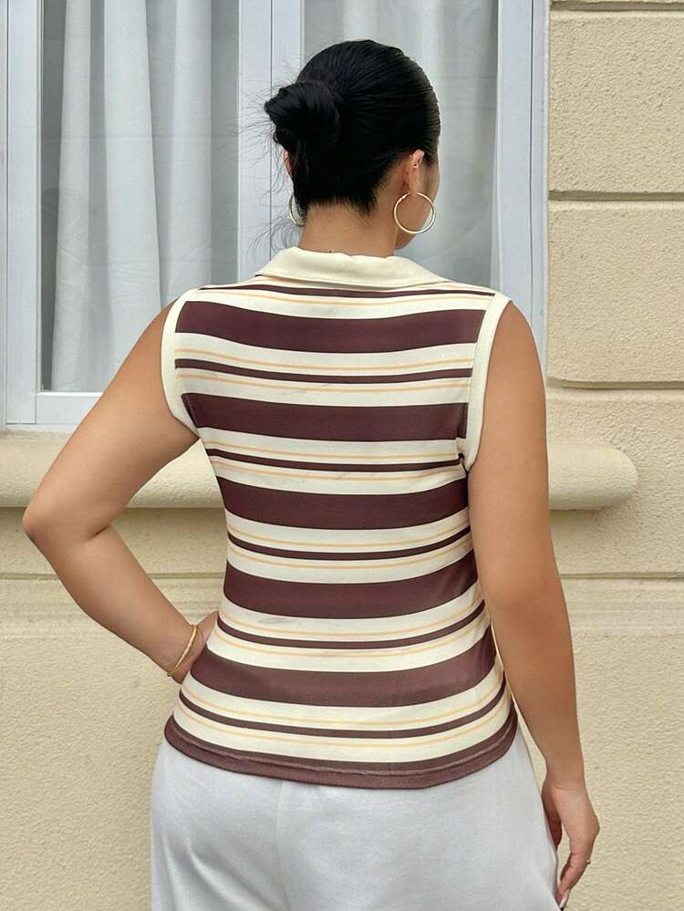 Dazy Plus Zipper Front Lapel Striped Street Style Cropped Casual Plus Size Women Tank Top, Spring/Summer
