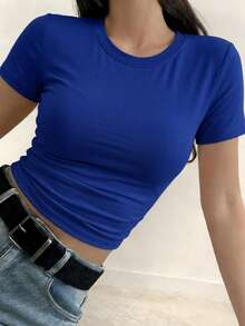 DAZY Women's Solid Color Round Neck Casual Versatile Daily Wear Short Sleeve T-Shirt Summer - Royal Blue - View 4