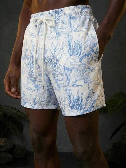 Manfinity Swimmode Quần short đi biển nam kiểu dáng thường ngày, in họa tiết toàn thân, có dây rút.
