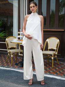 Momance 2pcs Maternity Set: Stand Collar Sleeveless Top With Bow Tie Design, Adjustable Waist Elastic Straight Leg Pants Elegant Semi Formal Outfit Women Top And Pants Terno Outfit For Women Pants And Top Graduation Pant Suit Set Women For Wedding Overall For Women Formal Overall For Women Formal Elegant - Beige - View 6