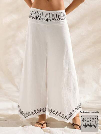 Easelle White Printed Woven Women's Trousers, Embroidered White Resort Trousers, Spring/Summer 2026, Island Vacation Style.