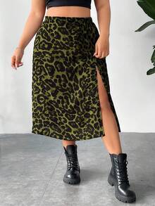 SHEIN PETITE CURVE Plus Size Women's Leopard Print Elastic Waist Slit Skirt Rave Outfits Festival Fall - Army Green - View 5