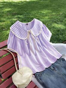 Flirla Plus Size Blue Plaid Short Sleeve Loose Casual Cute Shirt - Purple - View 1