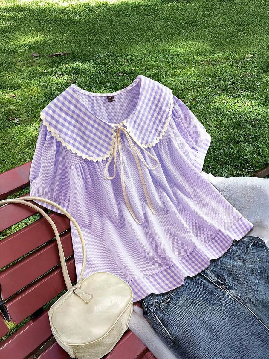 Flirla Plus Size Blue Plaid Short Sleeve Loose Casual Cute Shirt - Purple - View 1